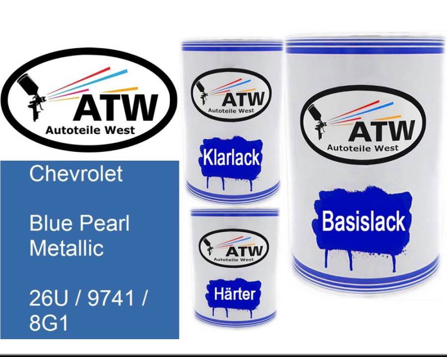Chevrolet, Blue Pearl Metallic, 26U / 9741 / 8G1: 500ml Lackdose + 500ml Klarlack + 250ml Härter - Set, von ATW Autoteile West.